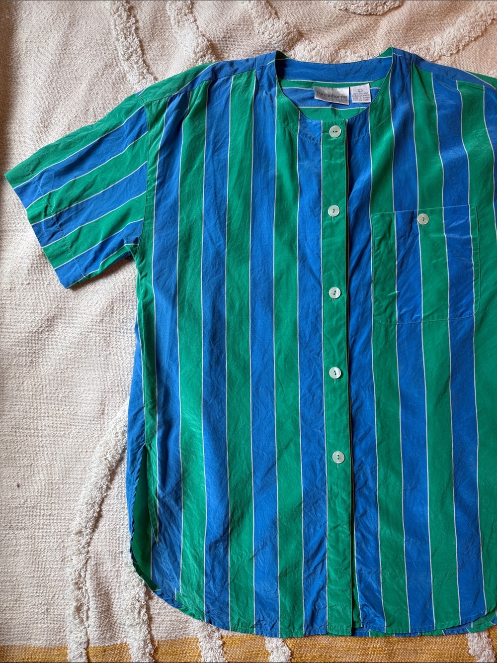 Liz Claiborne Exciting Bright Green and Blue Striped 100% Silk Button Blouse